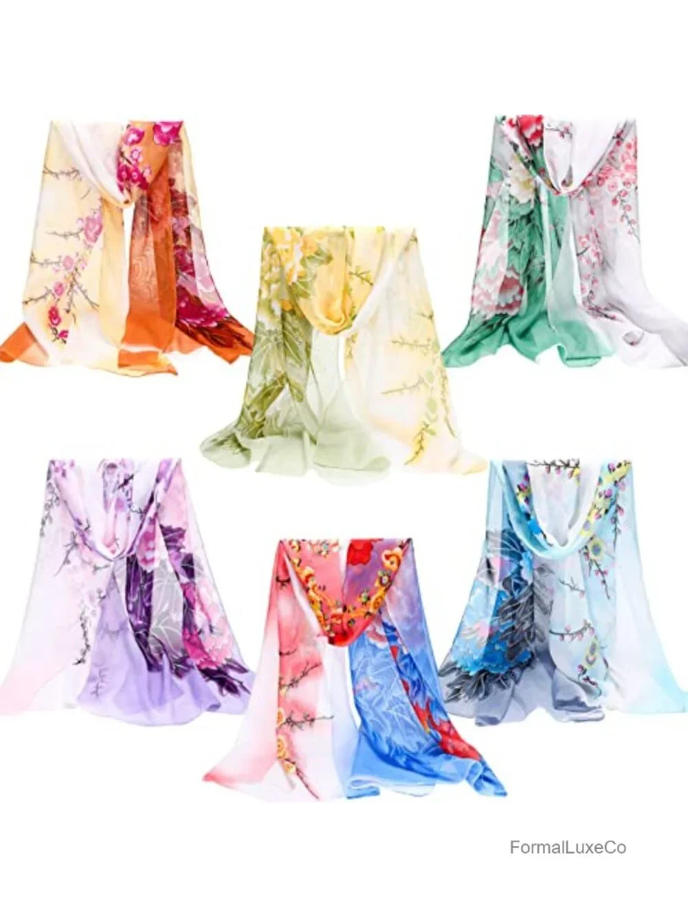 6 Pcs Lightweight Georgette Floral Print Scarves for Women Dressy Long Thin